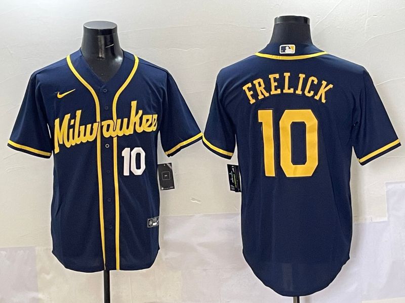 Men Milwaukee Brewers #10 Frelick Dark Blue Game 2025 Nike MLB Jersey style 2